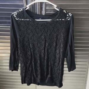 Sz L Black Lace Babydoll Top Shirt Blouse Goth Floral Gothic See Thru 90s F21